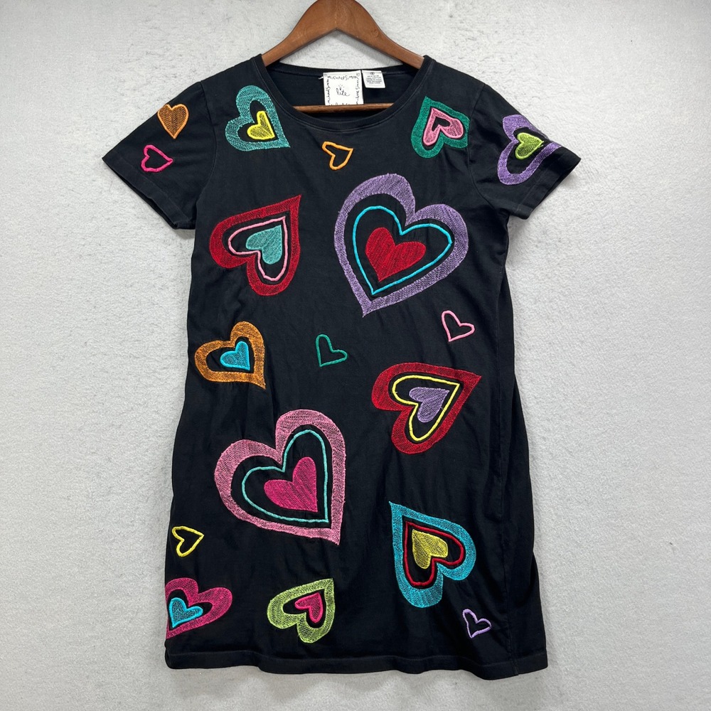 Michael Simon Lite T-Shirt Dress Women S Black Embroidered Heart Pop Art Retro